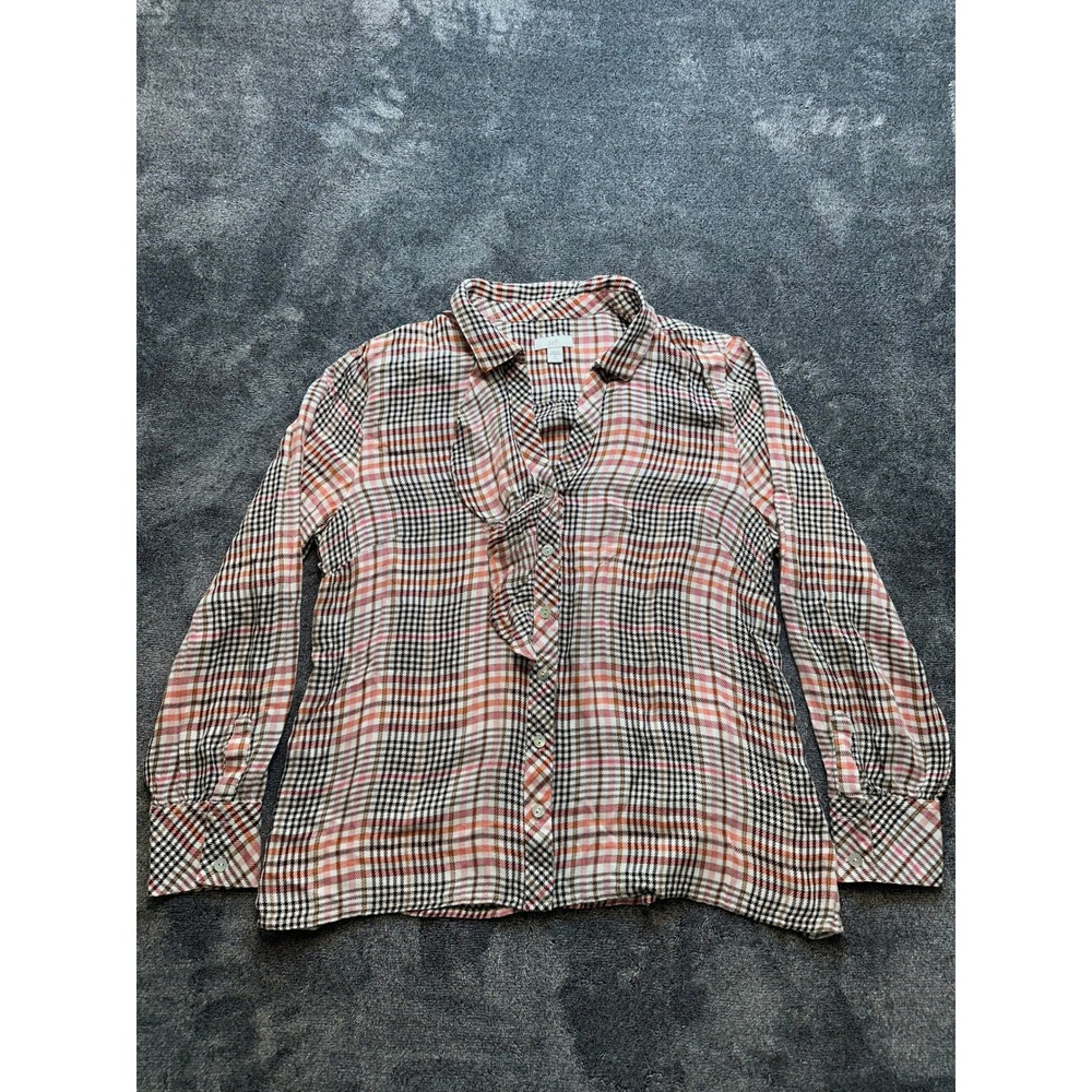 J.Jill Plaid Ruffle Front Rayon Blouse Orange Pink Black MP Petite - 233